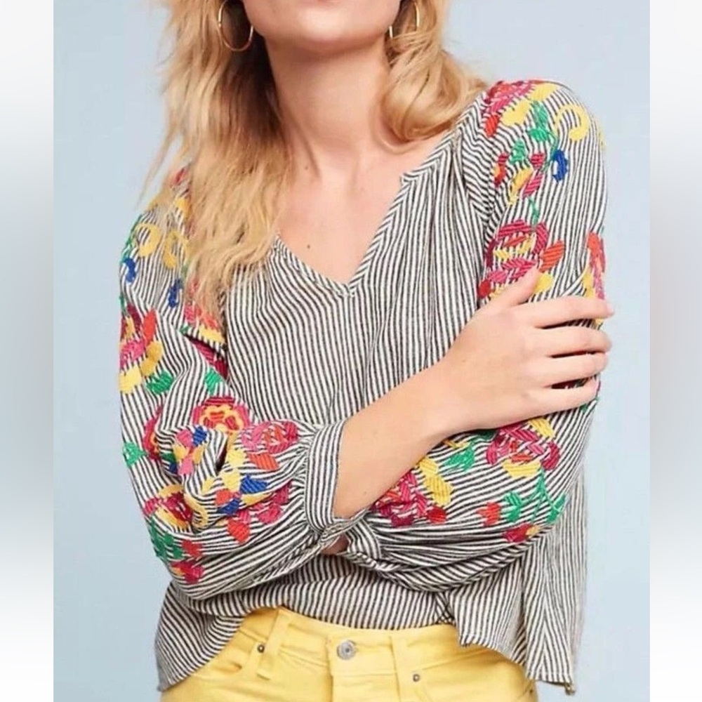 Anthropologie Floral Embroidered Striped Linen Soliel Top Fringe Womens Small